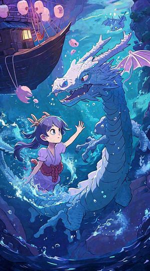 创意卡通古风河面人物游船，夜晚龙灯笼光照，海浪水面