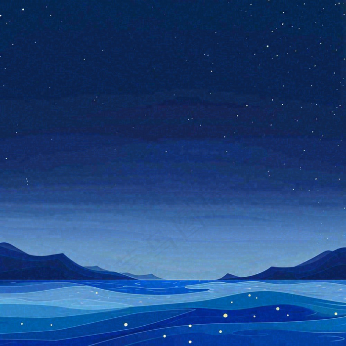 夜晚河面星空月亮唯美夜景扁平插画手绘