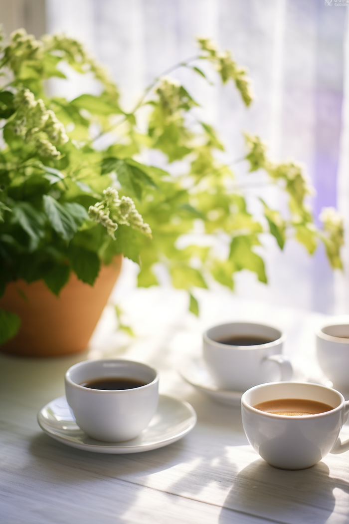 餐桌上的咖啡杯下午茶绿植阳光光影摄影图