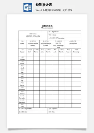 缺勤累计表word模板