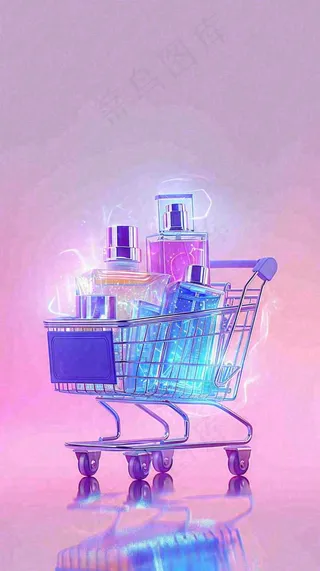 粉紫绚丽购物车采购电商美妆时尚，3D推车