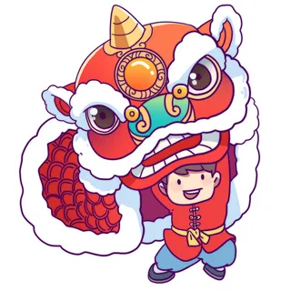 新年春节虎年元宵手绘人物舞狮卡通狮子头插画元素PSD设计素材