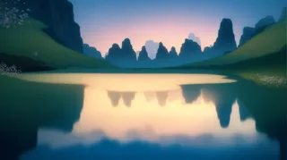 大气写意色块风景插画壁纸背景-余晖下的湖泊与远方的山峰