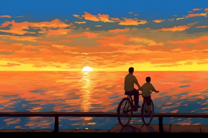 夕阳下骑自行车海边背景