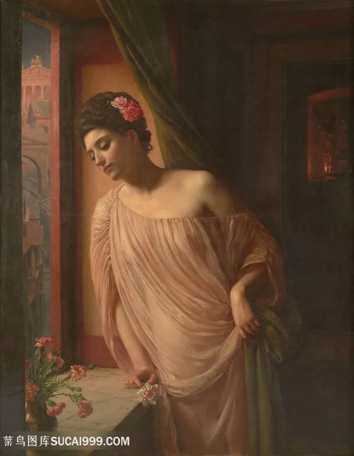头插鲜花的女人油画图片