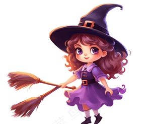 女巫扫帚紫色万圣节插画免抠