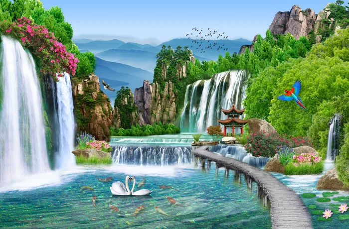 流水生财蓝湖小乔天鹅背景psd模版下载