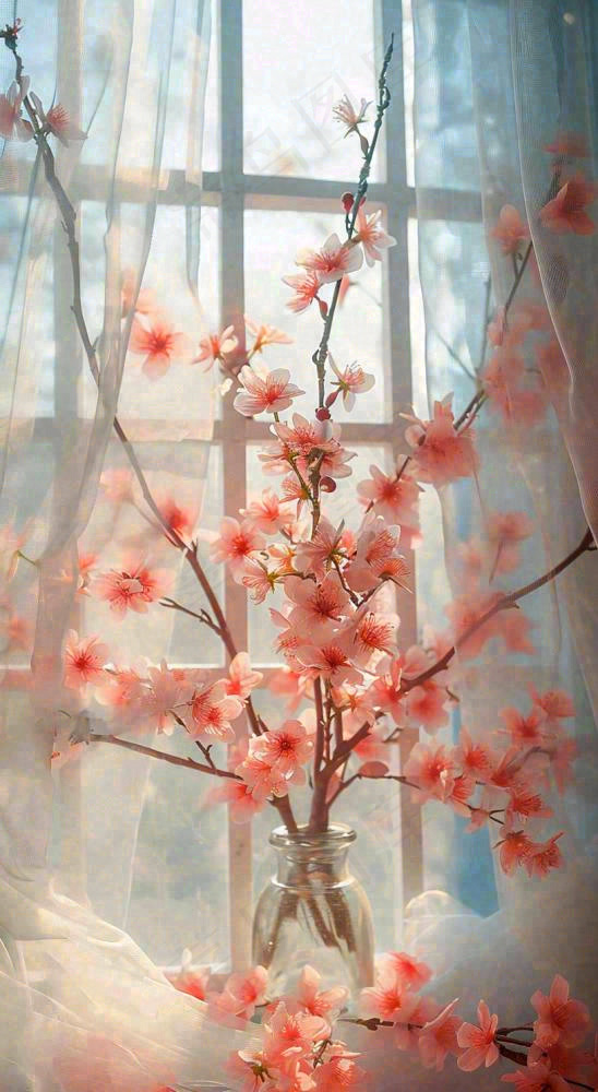 春天窗台花瓶粉色鲜花花束，春分(816x1488)