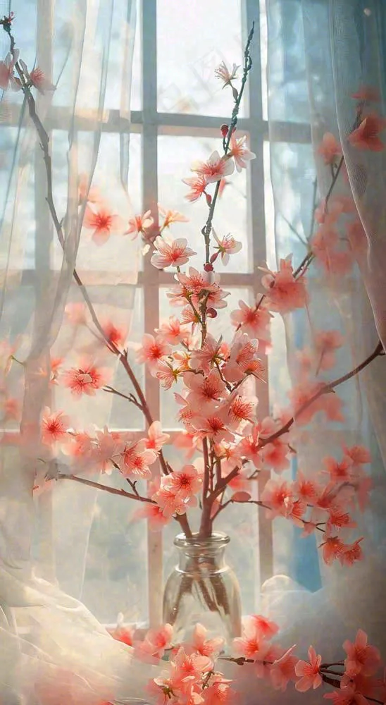 春天窗台花瓶粉色鲜花花束，春分(816x1488)