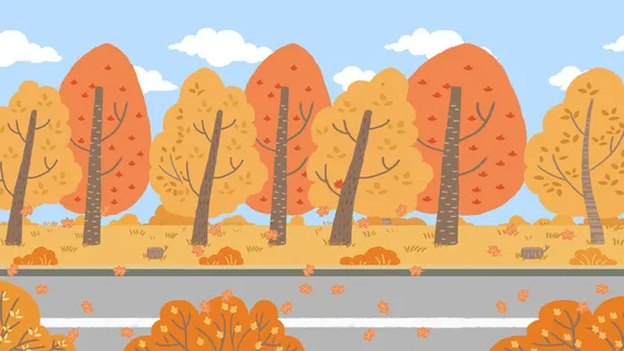 秋天道路树木风景绘画PSD素材