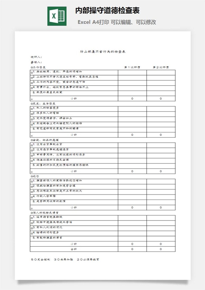 内部操守道德检查表财务行政EXCEL模板