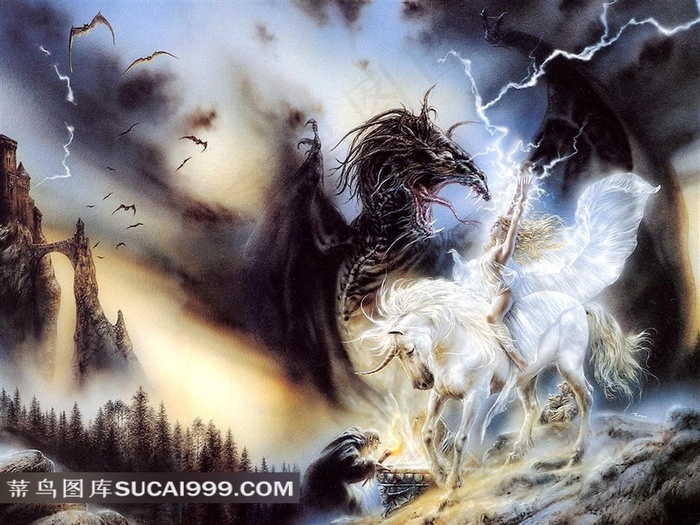 骑马性感美女与怪兽大战插画