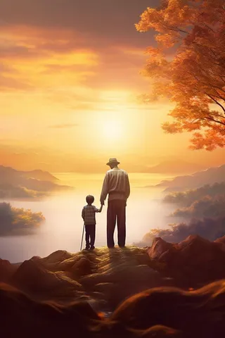 落日老人孩子山海背景