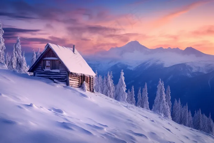 冬季落日雪山雪景木屋摄影图(4032x2688)
