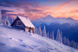 冬季落日雪山雪景木屋摄影图