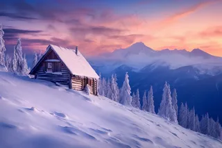 冬季落日雪山雪景木屋摄影图