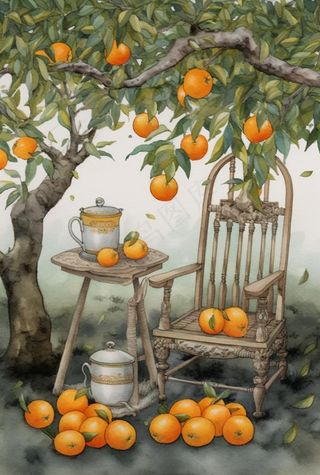 古风橘子树藤椅插画背景