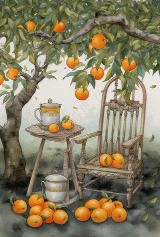 古风橘子树藤椅插画背景