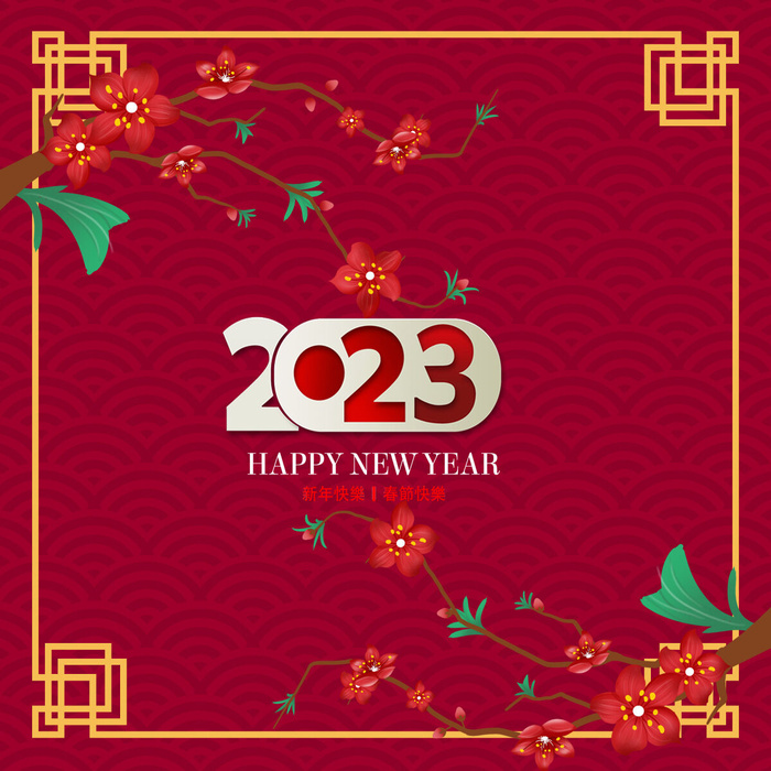 兔年2023年桃花红色背景