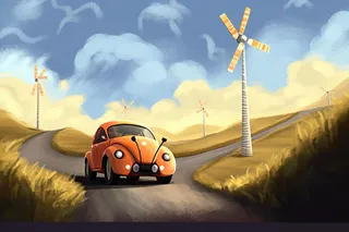 草原风车公路的小车天空云彩卡通插画素材背景