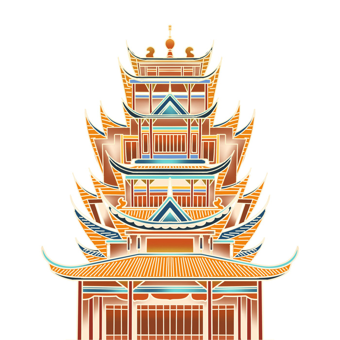 复古中国风国潮古建筑插画手绘高楼古塔PSD素材亭子png免抠图