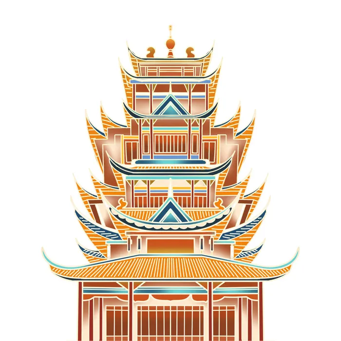 复古中国风国潮古建筑插画手绘高楼古塔PSD素材亭子png免抠图psd模版下载