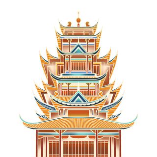 复古中国风国潮古建筑插画手绘高楼古塔PSD素材亭子png免抠图