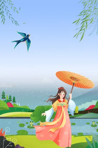 荷塘荷叶汉服美女撑伞图