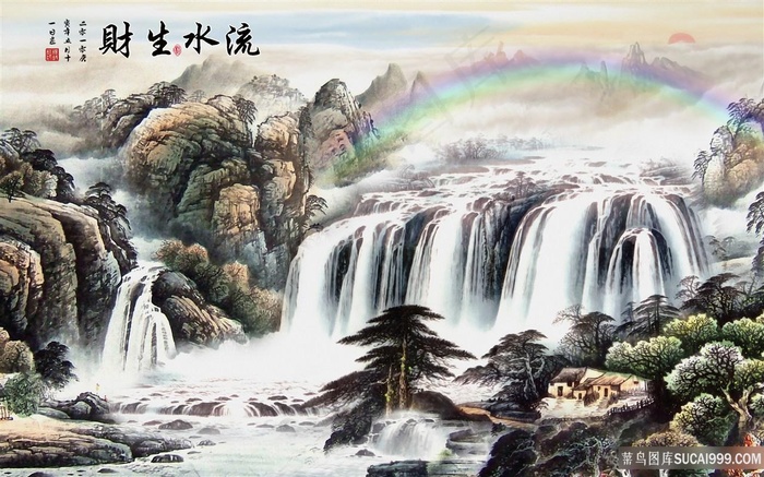 流水生财风景字画高清分辨率喷绘打印办公室挂画素材山水花草