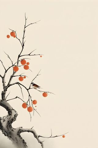 柿子水果枝叶国风背景