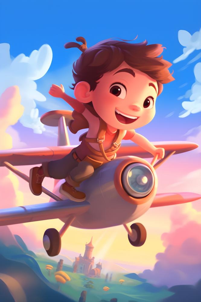 天空遨游飞机人物云朵晚霞插画背景(3584x5376)