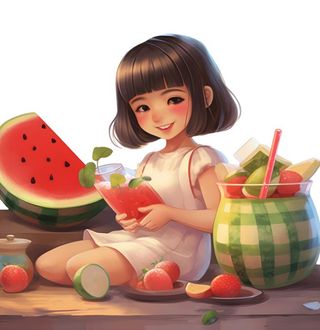 夏日西瓜冰饮水果女孩人物免抠