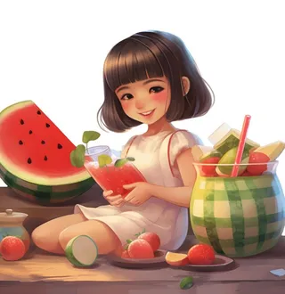 夏日西瓜冰饮水果女孩人物免抠