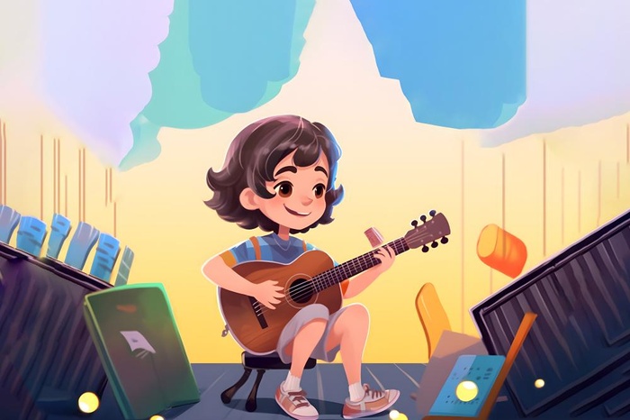 舞台弹奏吉他的男孩音乐插画背景