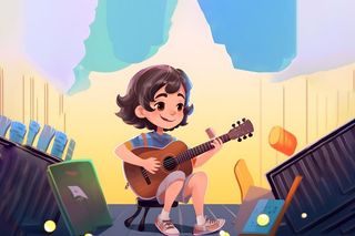 舞台弹奏吉他的男孩音乐插画背景