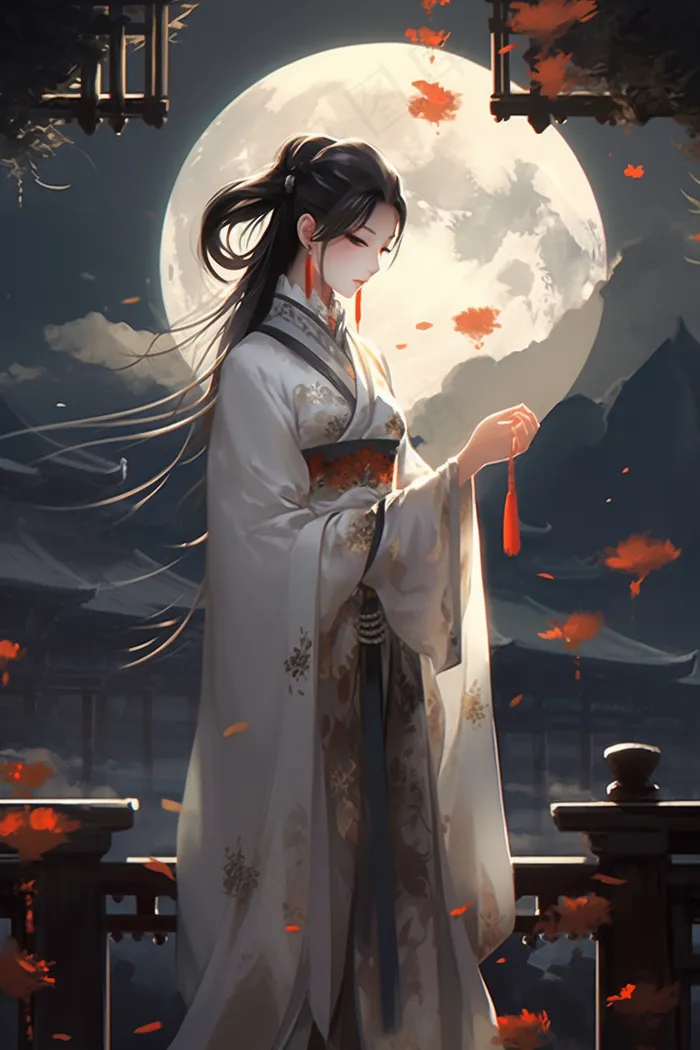 古风古装少女国风画风月亮发丝插画素材(x)
