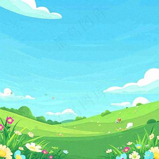 春天清新蓝天白云草地绵羊花朵扁平插画手绘