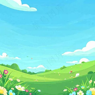 春天清新蓝天白云草地绵羊花朵扁平插画手绘