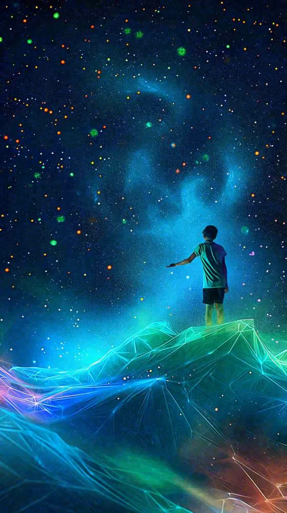 夜晚天空科幻绚丽星空下的人，暗黑天蓝(816x1456)