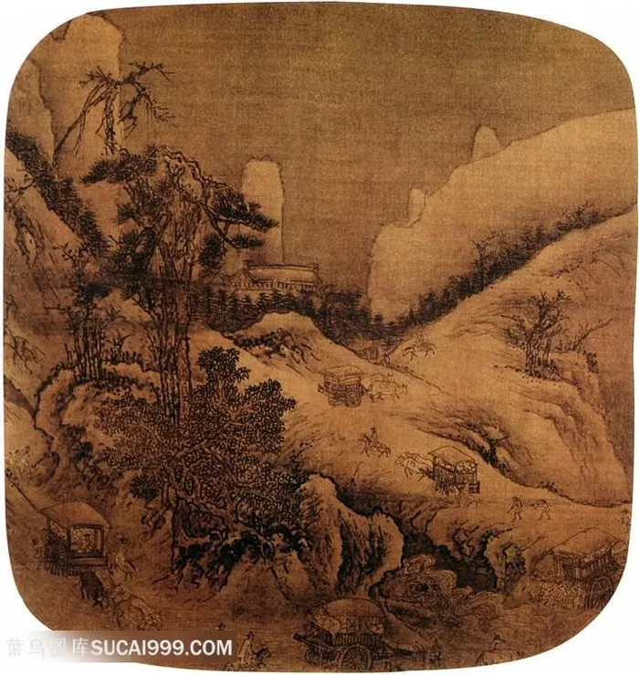中国水墨山水画团扇扇面