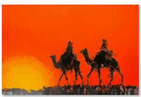 夕阳。骆驼，沙漠，油画，