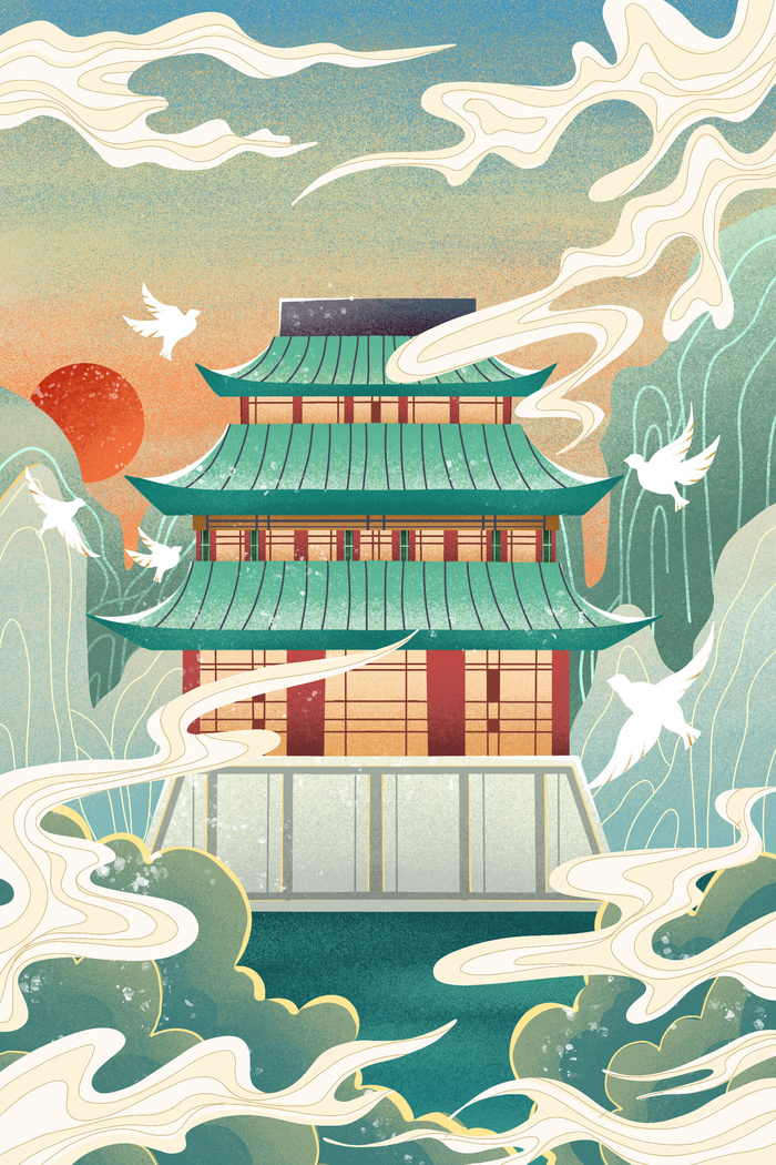 中国风国潮烫金仙鹤山水古建筑风景装饰插画背景PSD分层设计素材