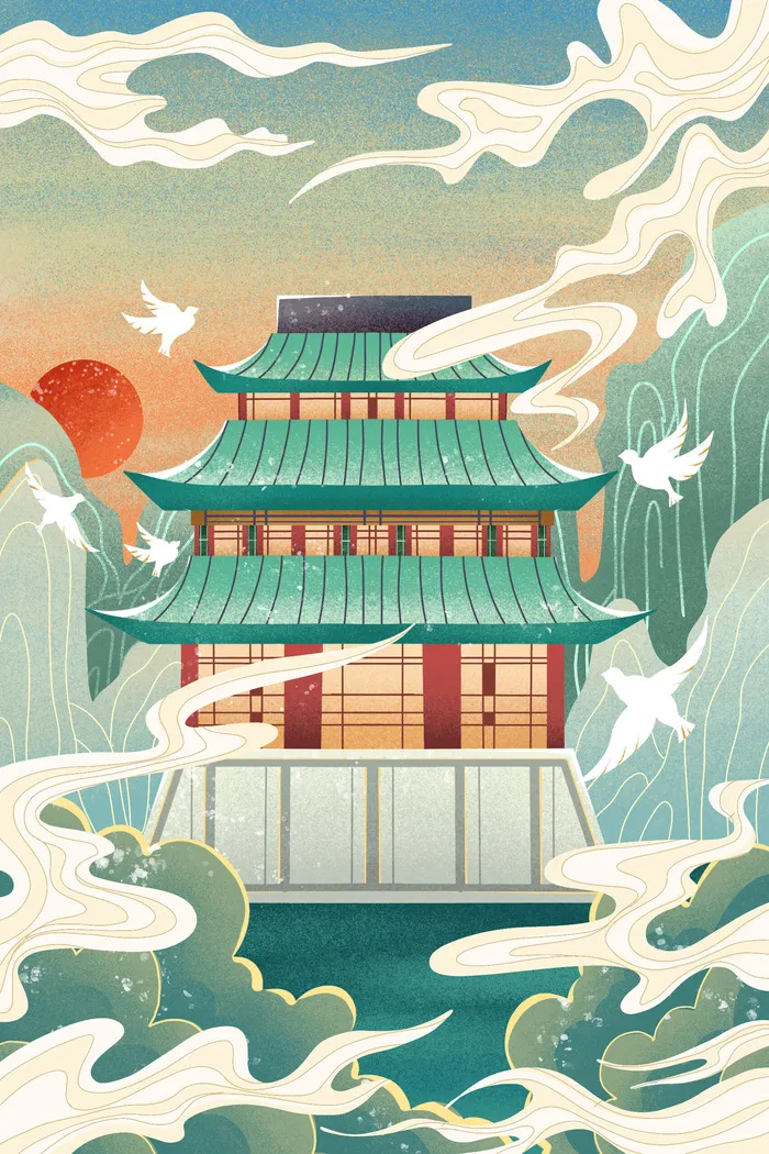 中国风国潮烫金仙鹤山水古建筑风景装饰插画背景PSD分层设计素材