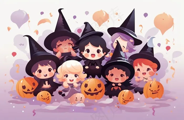万圣节可爱搞怪小孩幽灵卡通插画素材(1344x880)