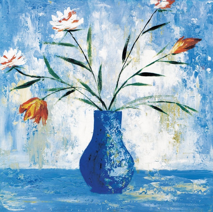 水彩蓝色瓶子花卉油画