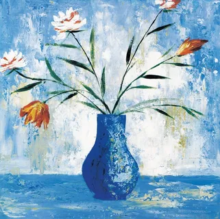 水彩蓝色瓶子花卉油画