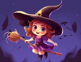 万圣节女巫骑扫把紫色卡通插画背景