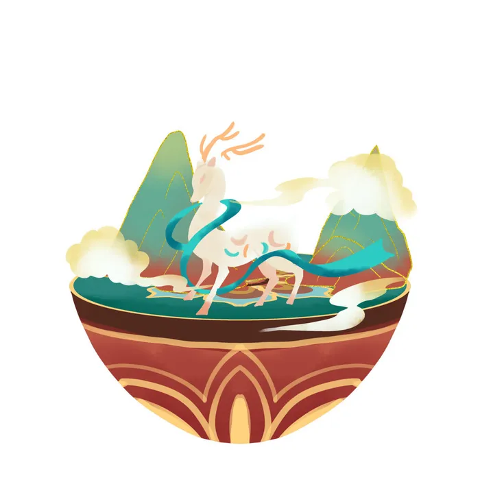 时尚微景观山水装饰庭院祥云中式国潮风插图插画元素素材设计模板psd模版下载