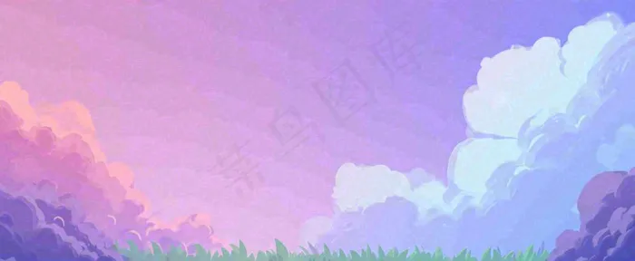 天空紫蓝色渐变云朵云层浪漫手绘插画(1712x704)