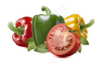 彩色灯笼辣椒和番茄切面高清图